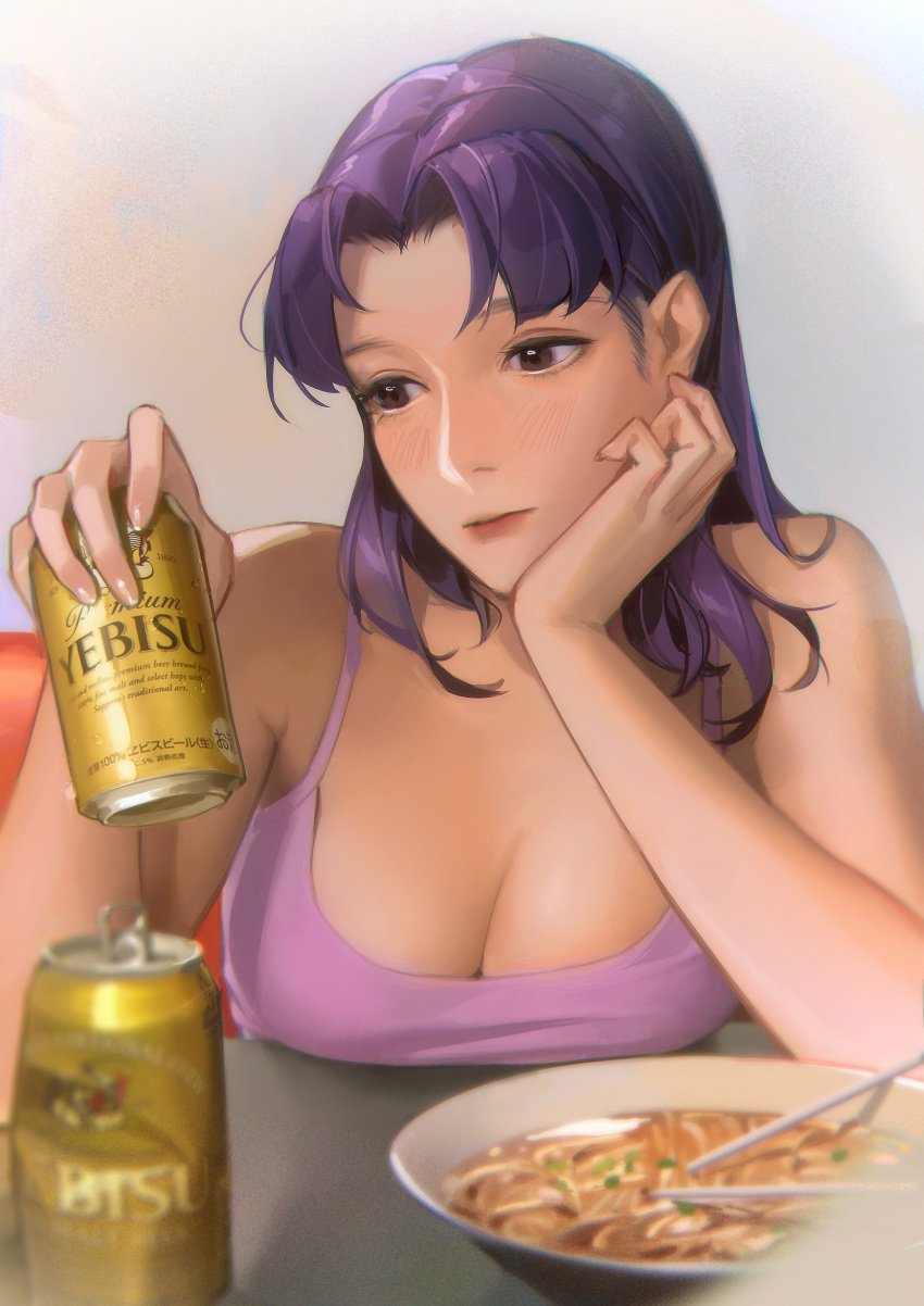 1girls alcohol beer beer_can big_breasts blush breast_press breasts_on_table casual cleavage drinking female female_only fully_clothed light-skinned_female limart mature_female misato_katsuragi neon_genesis_evangelion ramen wholesome