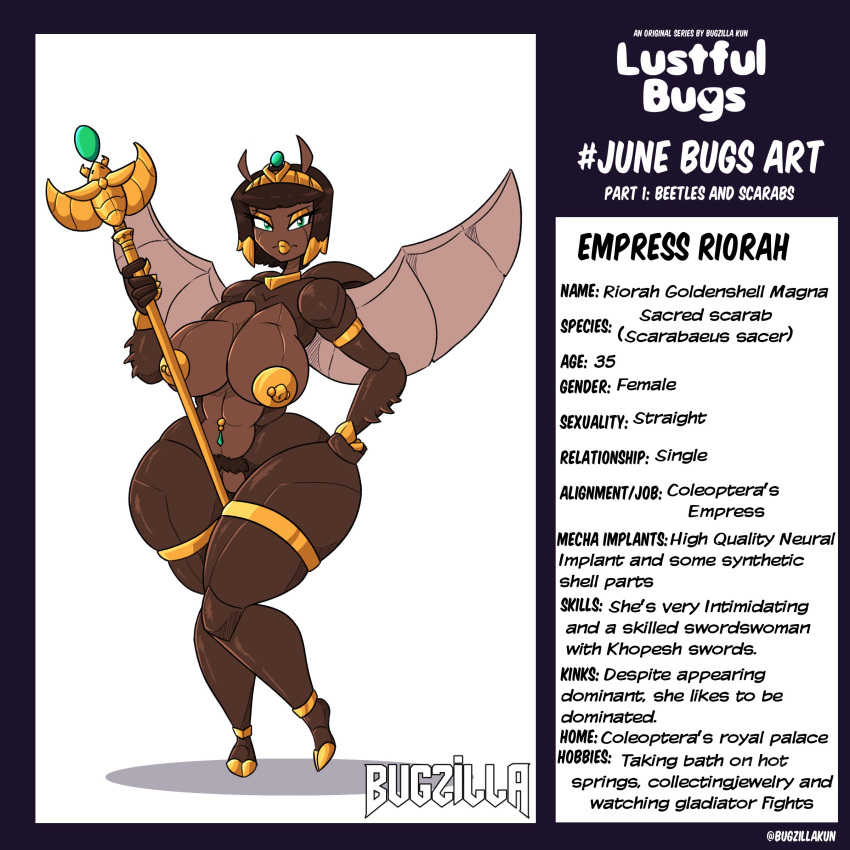 absurd_res anklet antennae_(anatomy) anthro areola armband arthropod beetle big_breasts breasts bugzilla crown dung_beetle english_text female gold_(metal) gold_nipples gorget green_eyes hand_on_hip headgear hi_res holding_object holding_staff insects jewelry legband model_sheet navel navel_piercing nipple_piercing nipples nude piercing pubes sacred_scarab scarabaeid shoulder_pads simple_background solo spikes spikes_(anatomy) staff text thick_thighs thighband white_background wide_hips wings wristband