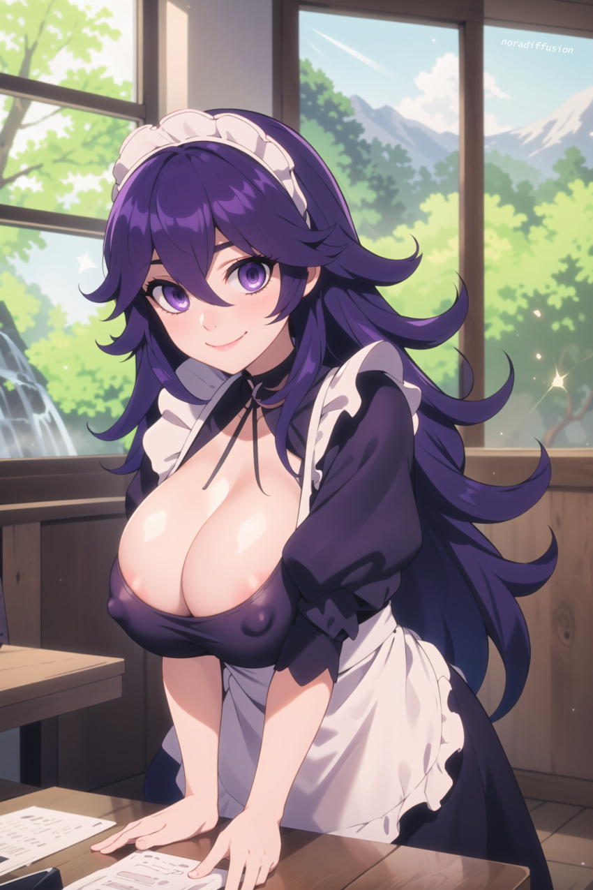 1girls @_@ acl_noraai ai_generated areola_slip artist_name breast_press breast_squeeze cleavage covered_nipples hex_maniac huge_breasts indoors large_breasts looking_at_viewer maid maid_headdress maid_uniform nipple_slip pokemon purple_eyes purple_hair smile solo swirly_eyes watermark