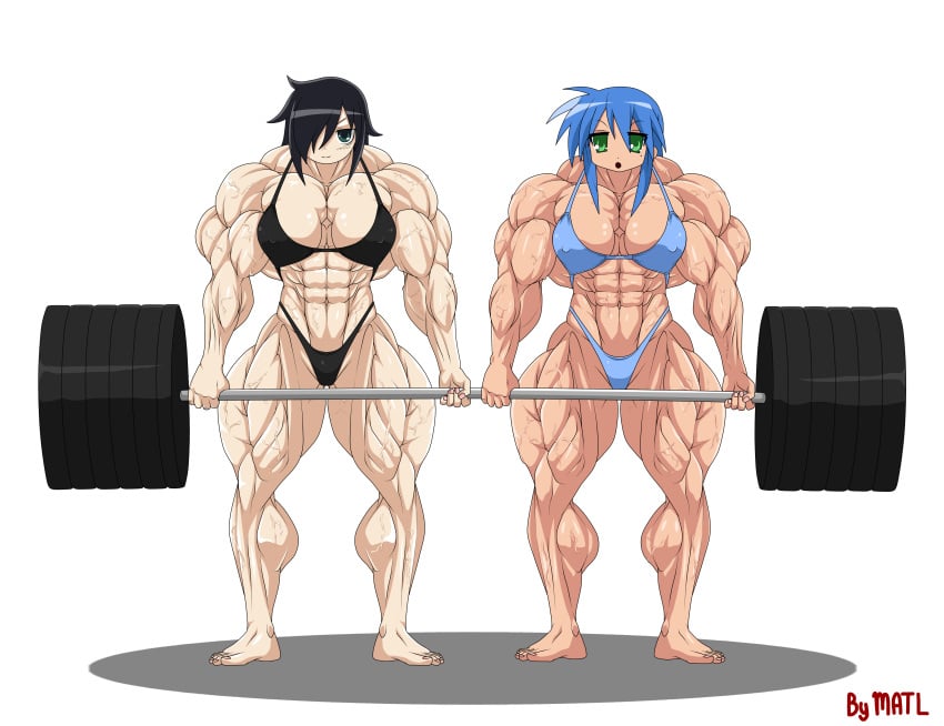 2girls abs biceps big_breasts big_muscles bikini black_hair blue_hair breasts female green_eyes hyper_muscles konata_izumi kuroki_tomoko lucky_star matl muscles muscular muscular_arms muscular_female muscular_legs pecs weights