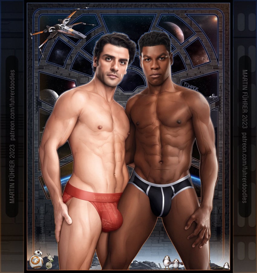 abs actor african african_male biceps big_bulge bulge celebrity dark-skinned_male dark_skin finn_(star_wars) fuhrerdoodles hispanic hispanic_male huge_bulge in_character john_boyega latino male male_only melanin muscles muscular muscular_male oscar_issac pecs poe_dameron shirtless_male star_wars underwear