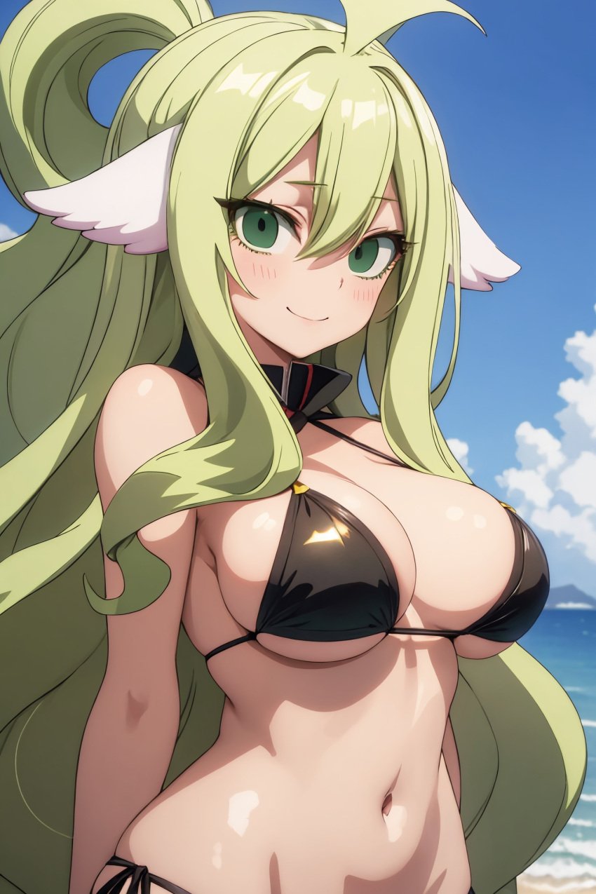 1girls 2023 ai_generated beach big_breasts bikini black_bikini blonde_hair breasts fairy_tail female female_only green_eyes hi_res highres huge_breasts long_hair looking_at_viewer mavis_vermilion smile water