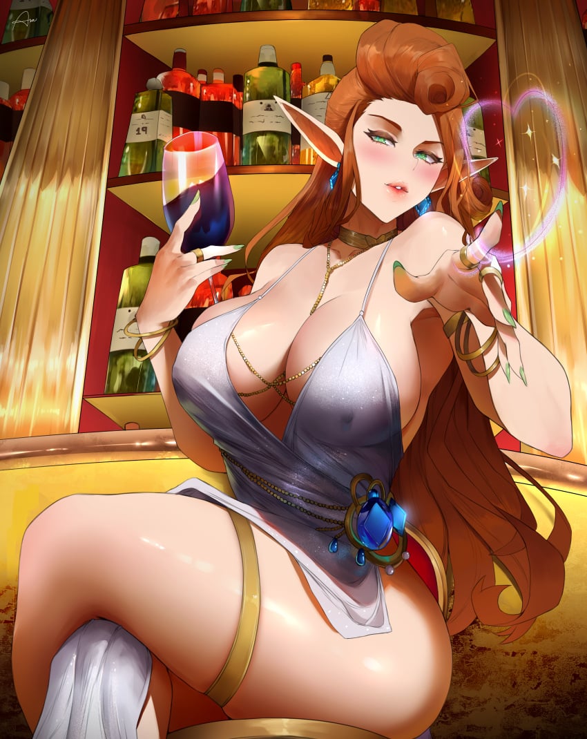 1girls absurd_res alcohol araneesama big_ass big_breasts blush brown_hair busty choker cleavage cocktail_dress commission crossed_legs deep_cleavage dress elf elf_ears elf_female elf_girl erect_nipples green_eyes huge_breasts jewelry jewelry_between_breasts large_breasts lipstick long_hair magic makeup no_bra no_panties oc original painted_nails seductive seductive_look sideboob silver_dress sitting small_waist solo thick_thighs thigh_strap thighs wide_hips wine wine_glass