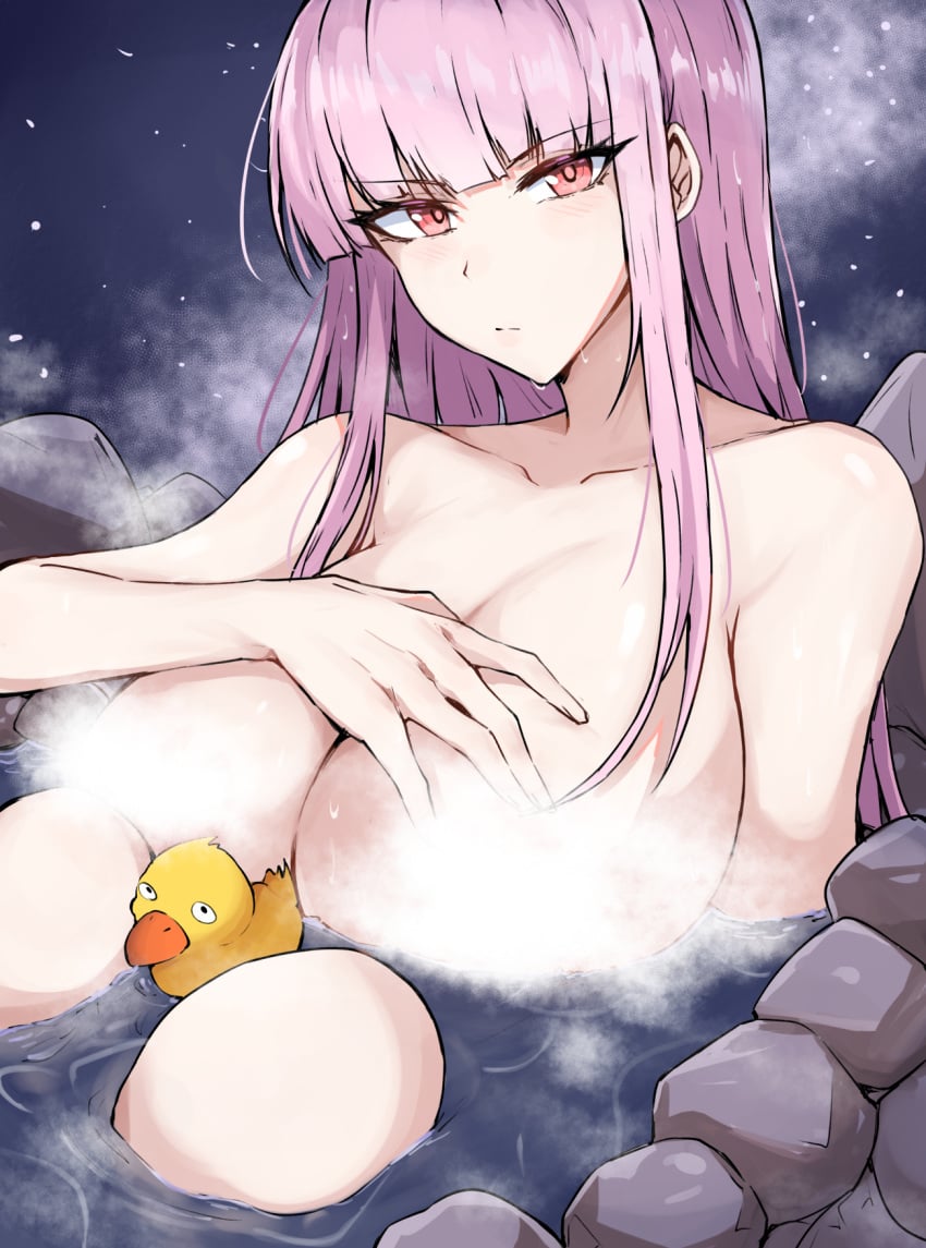 1girls covering_breasts duck hololive hololive_english hololive_myth large_breasts long_hair looking_at_viewer mori_calliope neutral_expression onsen pink_hair sakiya virtual_youtuber