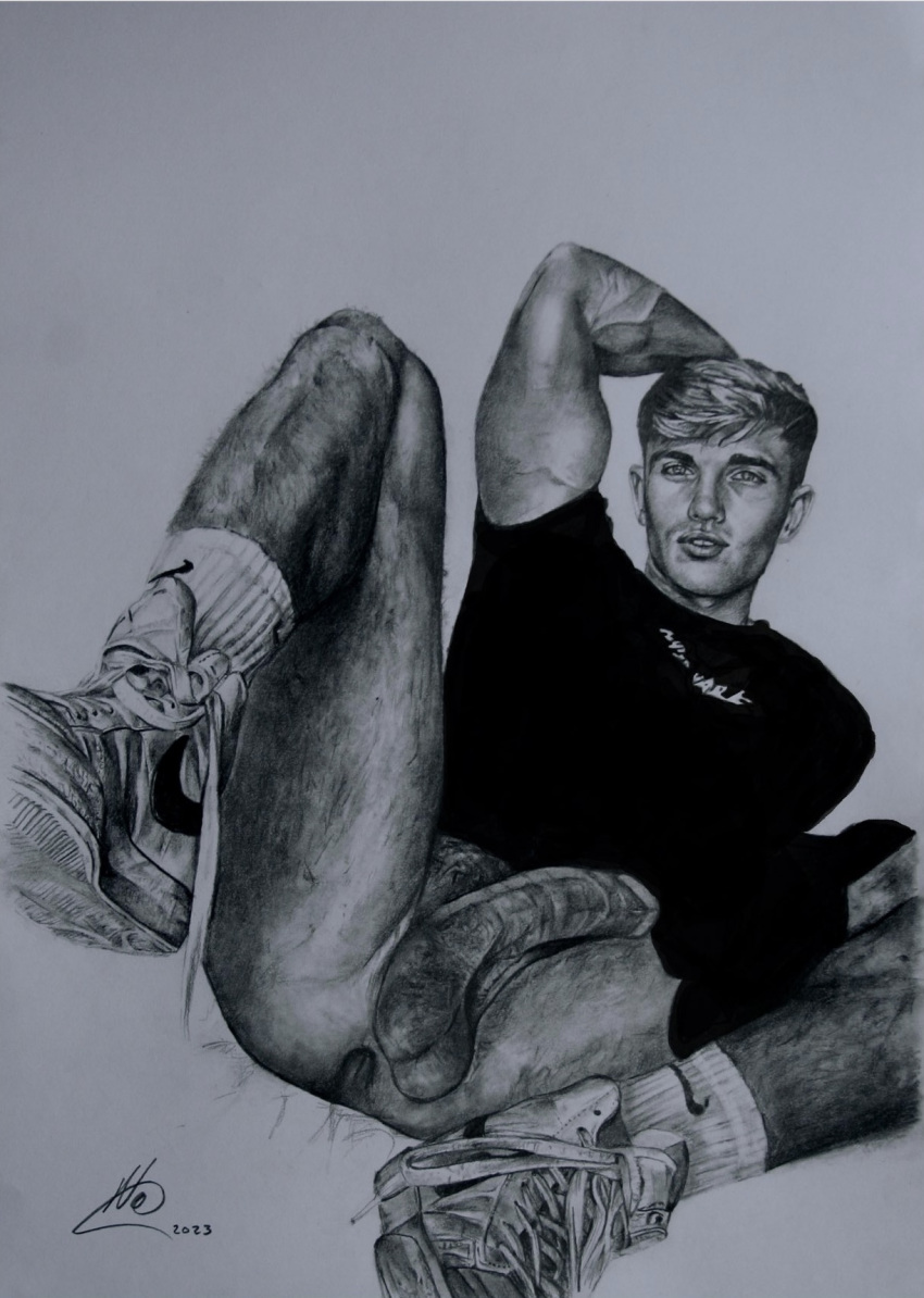 1boy black_and_white boner bottomless caucasian caucasian_male erect_penis erection gay_pornstar hard_on hole_(anatomy) male male_nude_neil male_only muscles muscular muscular_male onlyfans_model paul_cassidy_(adult_model) pencil_(artwork) porn_star real_person sketch solo solo_male