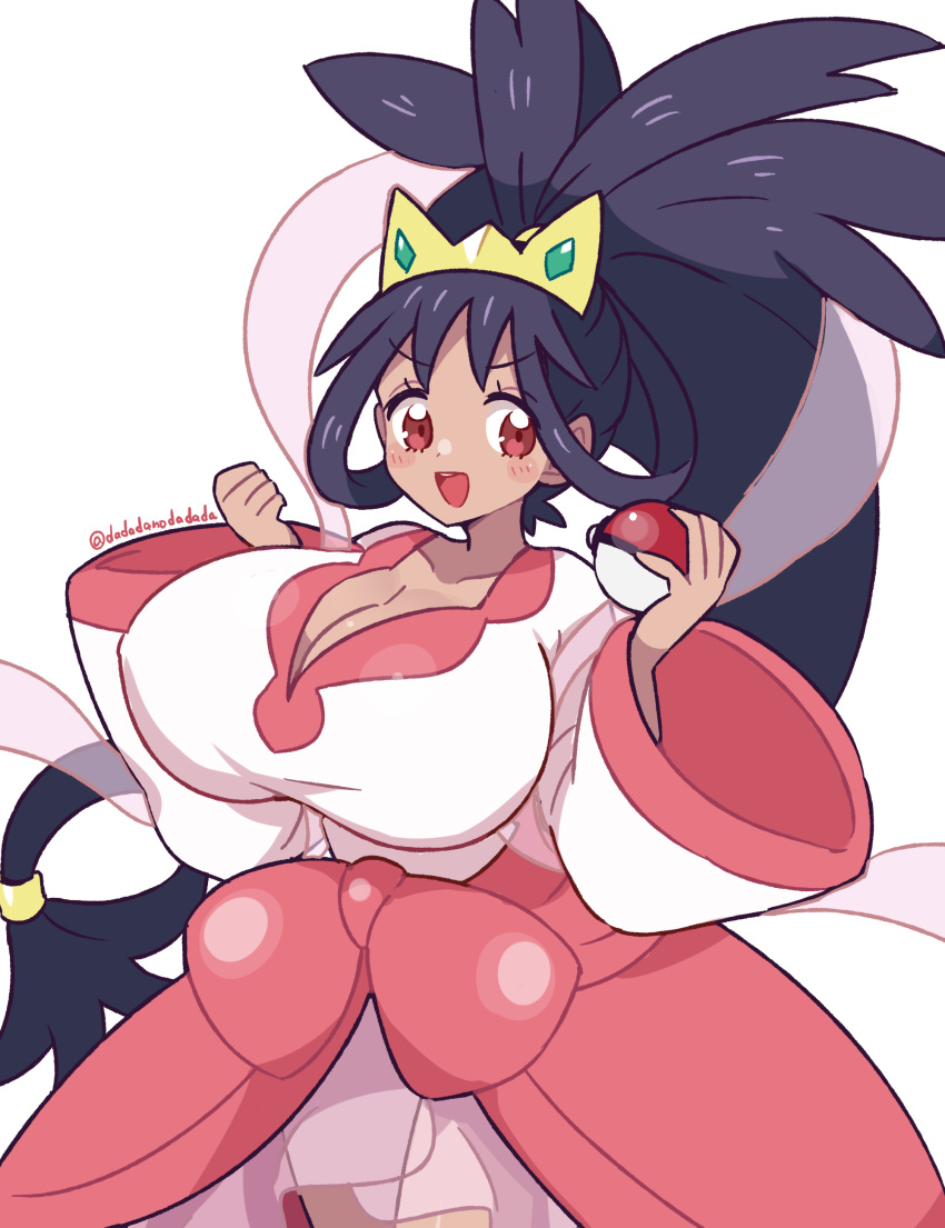 :d absurdres adapted_costume alternate_breast_size big_hair black_hair blush bow breasts cleavage clenched_hand collarbone cowboy_shot dadadanoda dark-skinned_female dark_skin dress female gem green_gemstone hair_rings highres holding holding_poke_ball huge_breasts iris_(pokemon) long_hair low-tied_long_hair official_alternate_costume open_mouth pink_bow pink_dress poke_ball poke_ball_(basic) pokemon pokemon_(game) pokemon_bw2 red_eyes shawl simple_background smile solo teeth tiara twitter_username two-tone_dress upper_teeth_only very_long_hair w_arms waist_bow white_background white_dress wide_sleeves