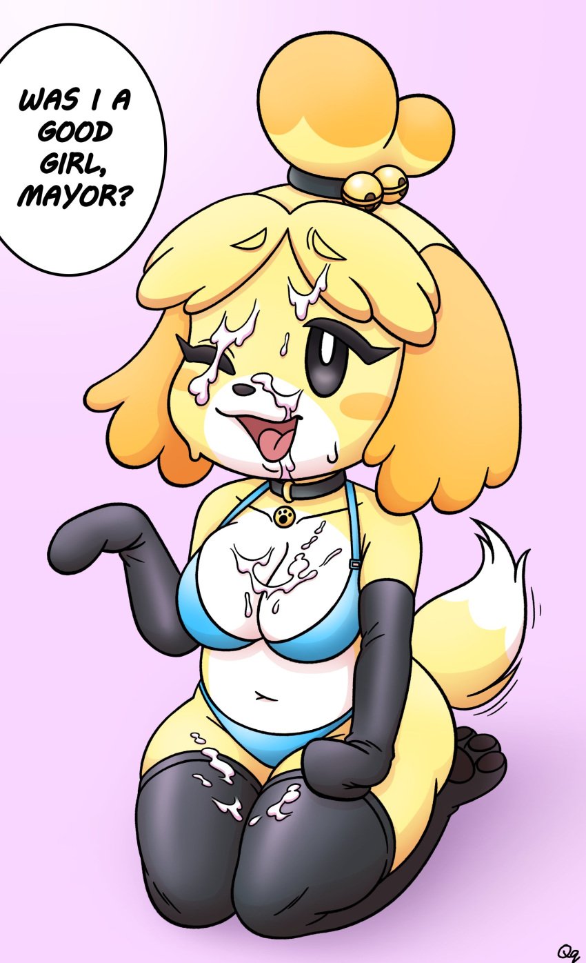 1girls 2023 2d animal_crossing anthro bra cleavage collar cum cum_on_body cum_on_breasts cum_on_clothes cum_on_face cum_on_thighs dialogue english_text eyebrows_visible_through_hair female female_only gloves hair_ornament hi_res isabelle_(animal_crossing) kneeling long_gloves nintendo offscreen_character one_eye_closed open_mouth panties pink_background queueqew raised_eyebrows simple_background solo solo_female tail text thighhighs thighs underwear