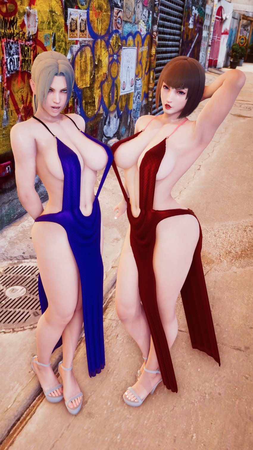 2girls 3d anna_williams armpits arms_up athletic athletic_female back_alley backalley bangs big_breasts blonde_hair blue_eyes bob_cut breasts brown_hair busty cleavage deep_cleavage dress ecchi_fighties female female_focus female_only hands_behind_back high_heels hourglass_figure lipstick long_hair makeup namco nina_williams outdoors outside pale-skinned_female pale_skin pinup pinup_pose ponytail short_hair sisters skimpy skimpy_clothes skimpy_dress tagme tekken tekken_1 tekken_2 wide_hips