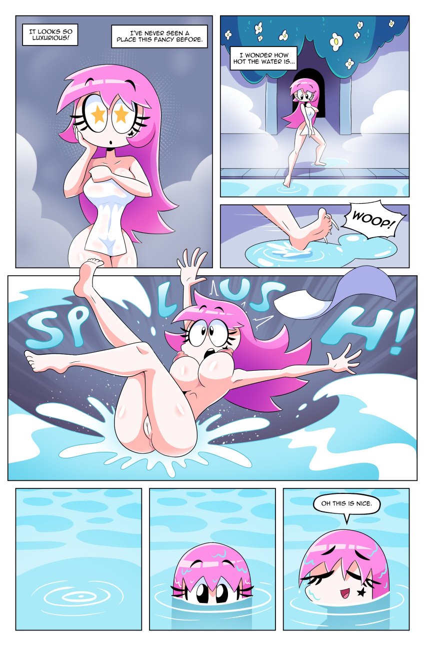 1girls anus areolae ass black_eyes booby_quest breasts cherry_pie_(drshanks24) comic dialogue drshanks24 english_text female female_only in_water long_hair nipples pink_hair pool pussy slipping solo speech_bubble star-shaped_pupils star_tattoo tagme tattoo_under_eye towel