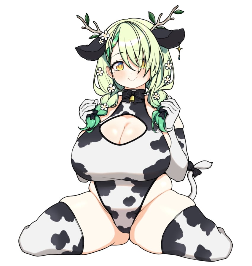 :> antlers boob_window ceres_fauna chubby_female cleavage cow_ears cow_print female green_hair hololive hololive_english hololive_english_-council- hololive_english_-promise- huge_breasts okunin on_knees plump smile solo spread_legs virtual_youtuber
