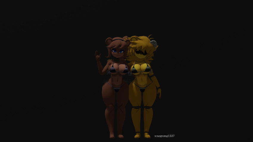 2girls 3d 3d_(artwork) anthro big_ass big_breasts big_butt bikini black_background black_bikini brown_body brown_fur cally3d fazclaire's fazclaire's_nightclub five_nights_at_freddy's fnaf freddy_(fnaf) fredina's_nightclub fredina_(cally3d) frenni_(cryptia) frenni_fazclaire furry golden_freddy golden_freddy_(fnaf) golden_fredina_(cally3d) goldie nipples standing type_0 yellow_body yellow_fur