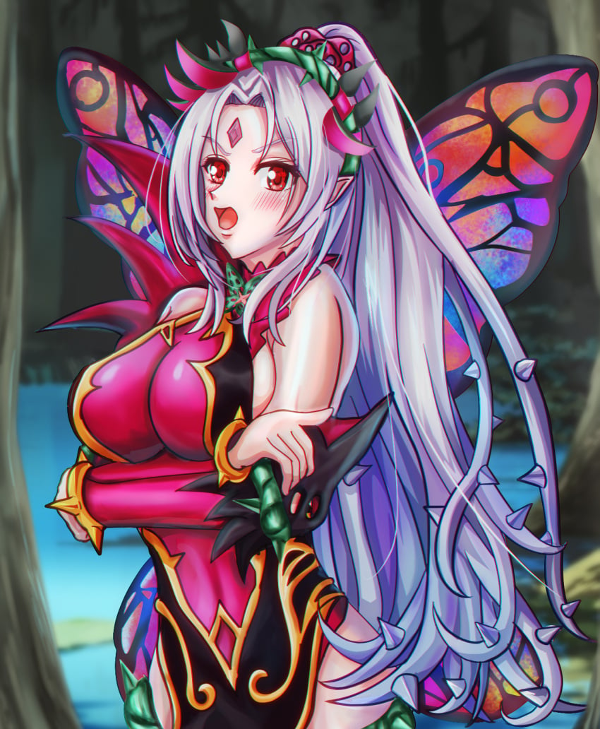 1girls angry bare_thighs benetto1997 breasts crossed_arms fairy fairy_wings female female_only fire_emblem fire_emblem_heroes forest grey_hair large_breasts long_hair looking_at_viewer multicolored_hair nintendo open_mouth outdoors pelvic_curtain plumeria_(fire_emblem) pointy_ears ponytail red_eyes sideboob solo thighs very_long_hair wings