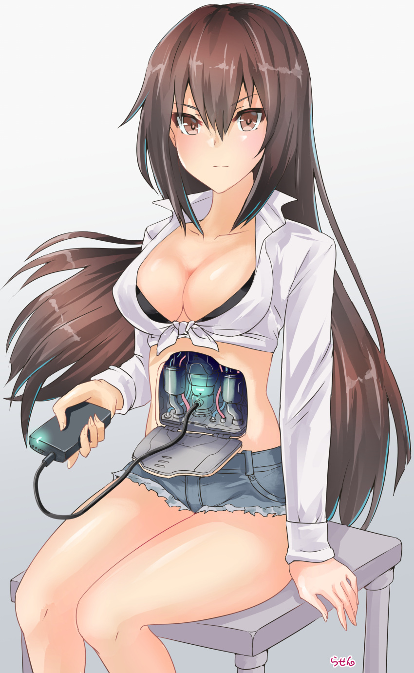 1girls abdomen_panel black_bra blush bra breasts brown_eyes brown_hair cables charging cowboy_shot crop_top female_focus female_only front-tie_top holding_object internal_mechanism internal_view jean_shorts kantai_collection long_hair long_sleeves mechabare midriff_top nagato_(kantai_collection) panel panel_open pipes portable_chargers ripped_shorts robot_girl robot_humanoid robotic_reveal robotic_spine short_pants shorts sitting sitting_on_chair solo_female spines thighs tube white_shirt wires