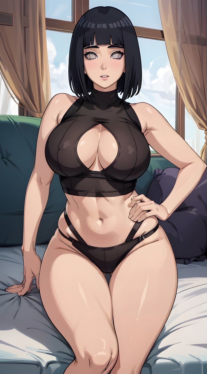 1girls ai_generated beach big_breasts black_swimsuit blue_hair boruto:_naruto_next_generations breasts female female_focus female_only hyuuga_hinata light-skinned_female light_skin looking_at_viewer midriff milf missessai naruto naruto_(series) naruto_shippuden navel solo solo_focus swimsuit white_eyes