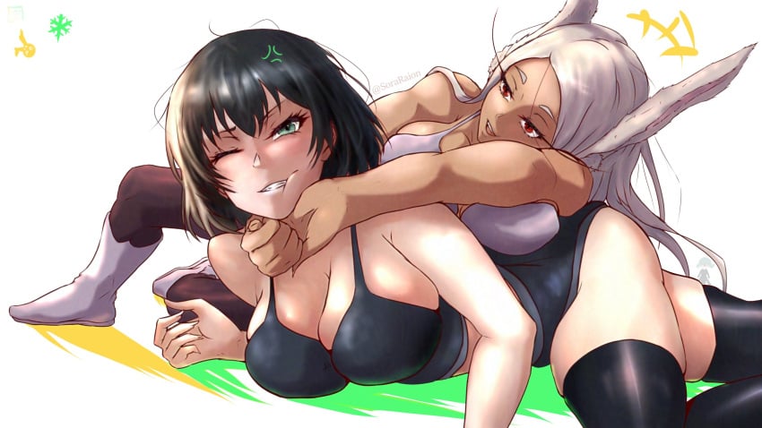 2girls angry artist_name big_breasts black_hair breasts catfight cleavage clothing commission company_connection crossover dark-skinned_female female female_only fight fubuki_(one-punch_man) green_eyes light-skinned_female long_hair miruko multiple_girls my_hero_academia one-punch_man rabbit red_eyes rumi_usagiyama short_hair shounen_jump shueisha skindentation sora_raion superheroine thighhighs white_hair wrestling