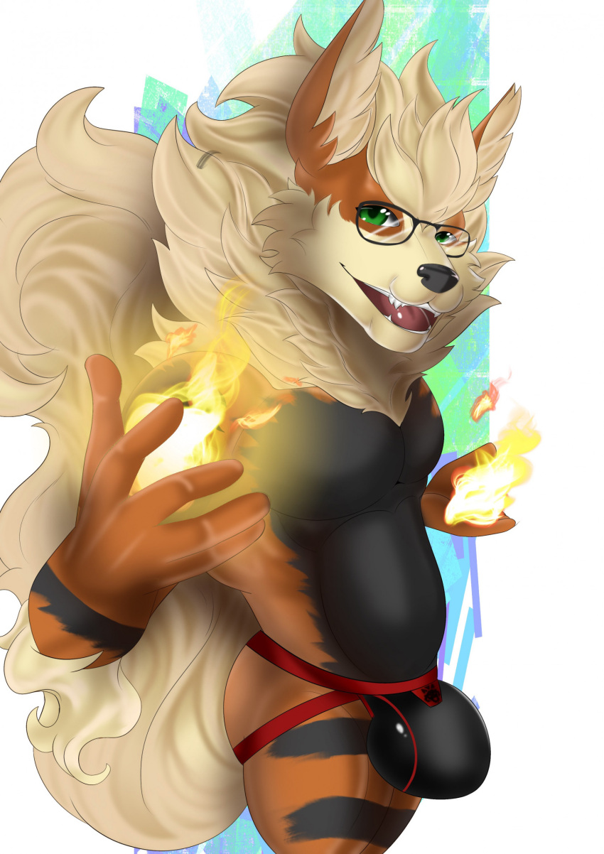 anthro arcanine checkhoff clothing dakimakura_design digital_media_(artwork) em90150em emarcanine eyewear fire generation_1_pokemon glasses hi_res invalid_tag jockstrap male nintendo pokemon pokemon_(species) solo underwear