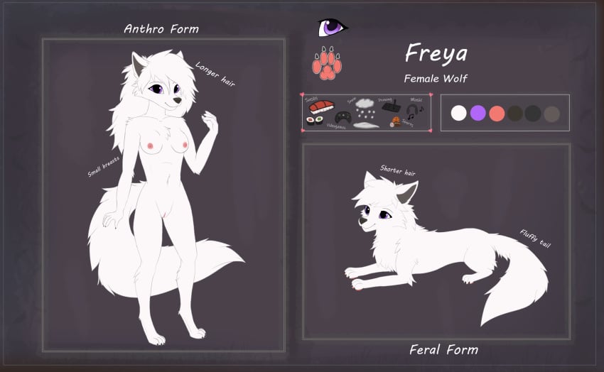 anthro canid canine character_name colored controller drawing fan_character female feral fluffy fluffy_tail freya_(joeumbre) fur headphones hi_res joeumbre mammal model_sheet purple_eyes snow solo tail white_body white_fur