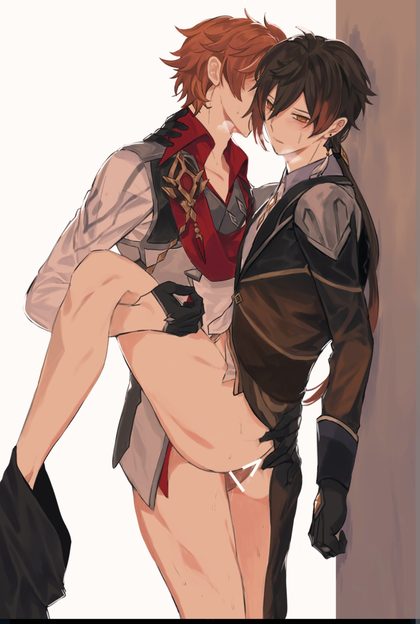 2boys anal anal_penetration anal_sex black_hair black_hair_bottom blush bottomless childe_(genshin_impact) domination gay gay_sex genshin_impact hand_on_another's_ass holding_another's_leg kanangnsn leaning_on_wall light_hair_on_dark_hair male male/male male_only male_penetrated male_penetrating multiple_boys penetration red_hair red_hair_on_black_hair red_hair_top standing_on_one_leg standing_sex tartaglia_(genshin_impact) visible_breath wall_sex white_background yaoi zhongli_(genshin_impact)