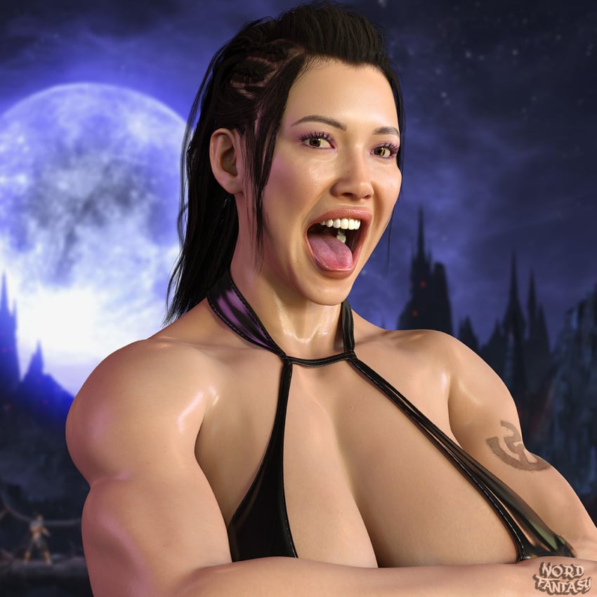 3d asian asian_female biceps big_breasts black_hair breasts brown_eyes busty cleavage dress female female_focus female_only li_mei long_hair mortal_kombat mortal_kombat_1_(2023) nordfantasy pinup pinup_pose ponytail tagme tattoo