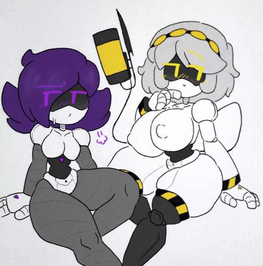 2girls b5kbao7oagzbnlf_(artist) big_breasts big_thighs blush breasts drone female_only glitch_productions gray_hair huge_thighs looking_to_the_side multiple_girls murder_drones naked naked_female nipples purple_eyes purple_hair robot robot_girl small_breasts sweatdrop tagme tail thick_hips thick_thighs thighs uzi_(murder_drones) v_(murder_drones) white_body yellow_eyes