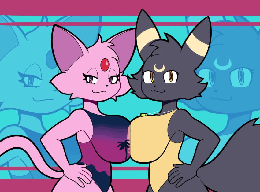 2girls anthro anthrofied big_breasts black_fur breast_press breast_squeeze breast_squish breast_to_breast breasts_squeezed_together chonzo commission eeveelution espeon hands_on_hips leotard original_character pink_fur pokémon_(species) pokemon tagme tail umbreon yellow_leotard zguy_101 zonoch_dood