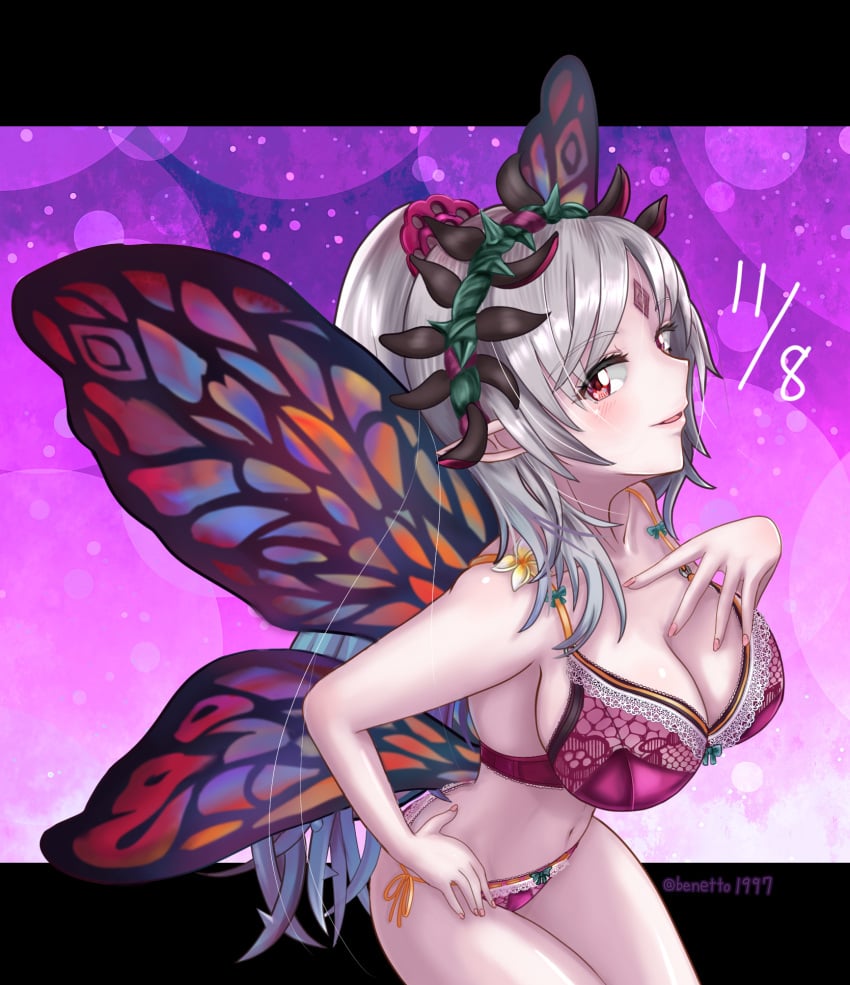 1girls ass bare_midriff bare_thighs benetto1997 big_ass bra breasts butt_crack cleavage fairy fairy_wings female female_only fire_emblem fire_emblem_heroes grey_hair hand_on_own_chest hand_on_own_hip large_breasts long_hair looking_at_viewer midriff multicolored_hair nail_polish nintendo open_mouth panties pink_nails pink_panties plumeria_(fire_emblem) pointy_ears ponytail red_eyes smile solo thighs underwear very_long_hair wings