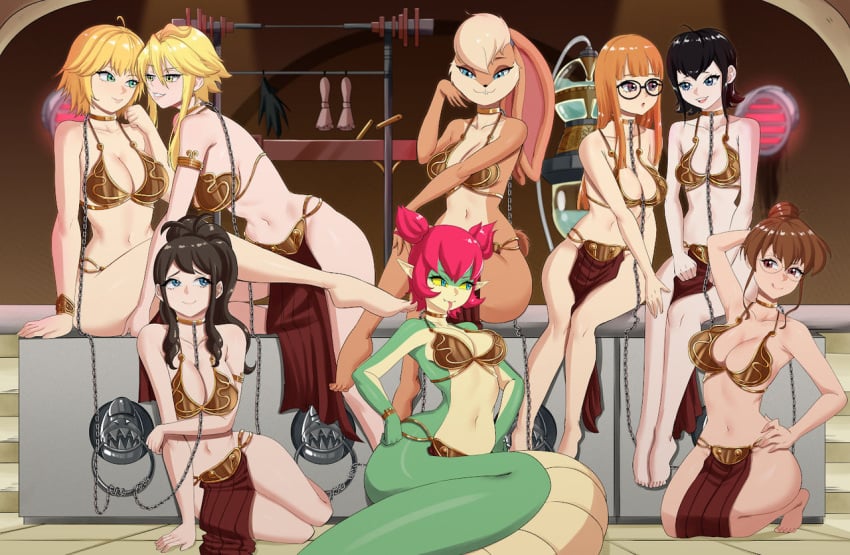 6+girls 8girls akame_ga_kill! anthro belly_dancer belly_dancer_outfit big_breasts black_hair blonde_hair blue_eyes breasts brown_hair bunny_ears bunny_girl chain_leash chained cleavage crossover deviantart elpipe3000 female female_only femsub fiora_(xenoblade) furry glasses green_skin harem harem_girl harem_outfit hilda_(pokemon) hotel_transylvania huge_breasts lamia large_breasts leone_(akame_ga_kill!) lola_bunny looney_tunes mahoromatic mavis_dracula megami_tensei milf naga non-mammal_breasts orange_hair persona persona_5 pokemon rabbit_ears rabbit_girl red_hair sakura_futaba saori_shikijo shantae slave slave_bikini slave_collar slave_leia_(cosplay) slave_outfit slavegirl space_jam star_wars submissive_female tuki_(shantae) vampire xenoblade_(series) xenoblade_chronicles yellow_eyes