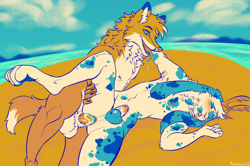 anthro antlers beach bodily_fluids canid canine drooling duo fox genitals hi_res horn huevember jackalope lagomorph long_ears lube male male/male mammal outside penis pinkpalmingo public saliva sand seaside wet