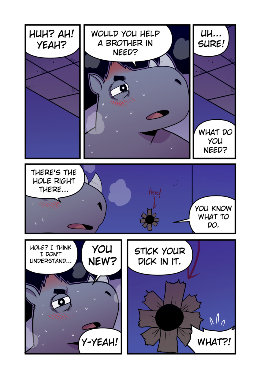 anthro blush bodily_fluids comic earl_(t0l0k) glory_hole hi_res male mammal rhinoceros solo sweat t0l0k