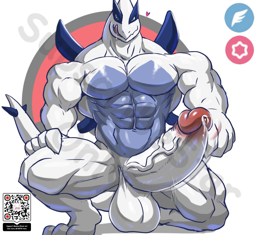 5_fingers abs anthro biceps big_penis bodily_fluids erection fingers generation_2_pokemon genital_fluids genitals heart hi_res horny huge_cock huge_pecs hyper_penis legendary_pokemon looking_at_viewer lugia male male_only masterelrest muscular muscular_anthro muscular_male nintendo penis pokemon pokemon_(species) precum qr_code solo tail tongue