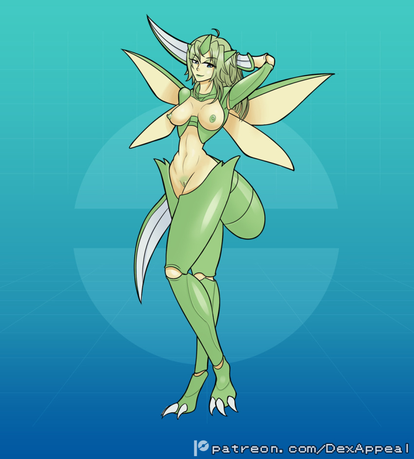 arthropod_abdomen arthropod_humanoid blades dex_appeal exoskeleton full_body green_hair green_lips green_lipstick insect_girl insect_wings long_hair looking_at_viewer monster_girl nintendo nipples nude nude_female pokemon pokemon_(species) pokemorph pussy scyther standing wings yellow_skin