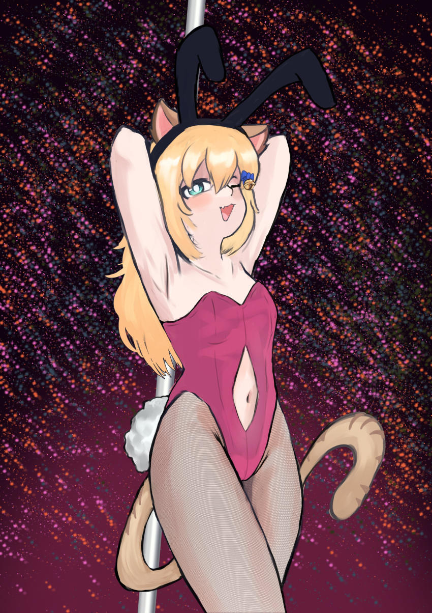 1girls aqua_eyes belly_window blonde_hair bunnysuit cat_ears cat_tail catgirl clothing covered_nipples fake_animal_ears fake_bunny_ears fake_bunny_tail feline female female_focus female_only hair hair_ornament indie_virtual_youtuber legwear leslie_empty_art light-skinned_female light_skin long_hair nasu_maturi pink_bunnysuit pink_clothing pole pole_dancing solo thick_thighs virtual_youtuber vtuber