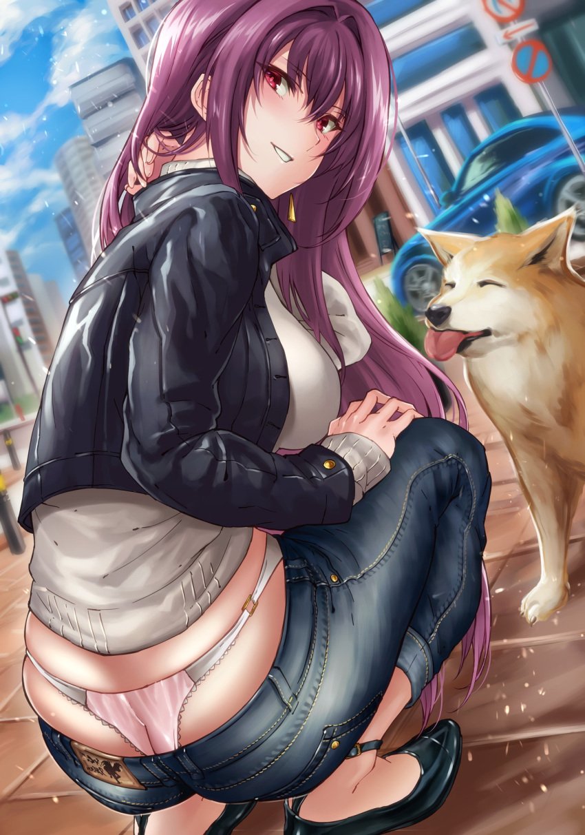 ass bad_id bad_pixiv_id black_footwear blue_jacket blue_sky breasts canine car city cropped_jacket day denim duplicate earrings female from_behind hair_between_eyes hair_intakes highres hikari_(komitiookami) jacket jeans jewelry large_breasts long_hair long_sleeves looking_back lowleg lowleg_pants motor_vehicle original outdoors panties pants panty_peek parted_lips pink_panties purple_hair red_eyes road shiba_inu shoes sidelocks single_earring skindentation sky solo squatting sweater two-tone_panties underwear whale_tail_(clothing) white_panties white_sweater