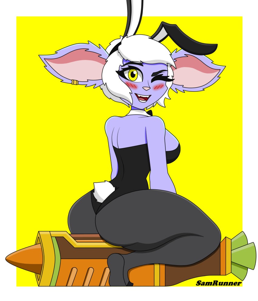 ass ass_focus big_ass big_breasts breasts bunny_ears bunny_girl bunnysuit clothing female league_of_legends looking_at_viewer looking_back purple_body riot_games samrunner solo solo_female tristana yellow_background yordle