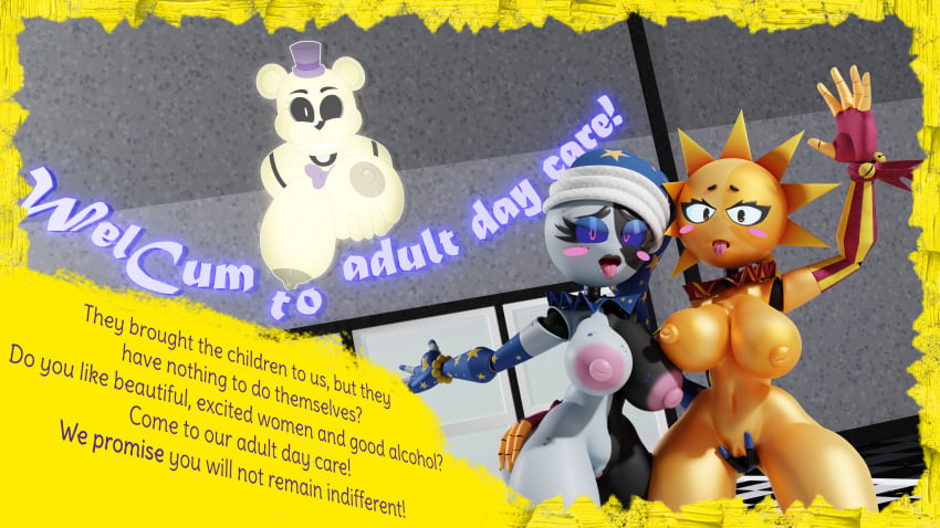 3d blender clopmaestroman daycare_attendant_(fnaf) duo five_nights_at_freddy's five_nights_at_freddy's:_security_breach fnaf huge_breasts looking_at_viewer masturbation moondrop pussy rule_63 sundrop text