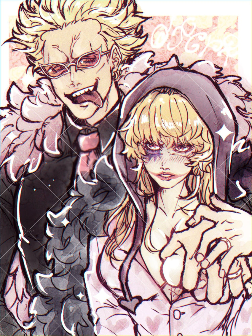 1boy 1girls blonde_hair blush breast_grab brother_and_sister chullo cleavage clown_makeup coif donquixote_doflamingo donquixote_rosinante e540 feather_coat female genderswap_(mtf) hat headwear husband_and_wife incest lipstick long_hair makeup male married_couple no_bra older_brother_and_younger_sister one_breast_out one_piece open_mouth red_lipstick rule_63 siblings smile sunglasses tongue_out upper_body wedding_ring