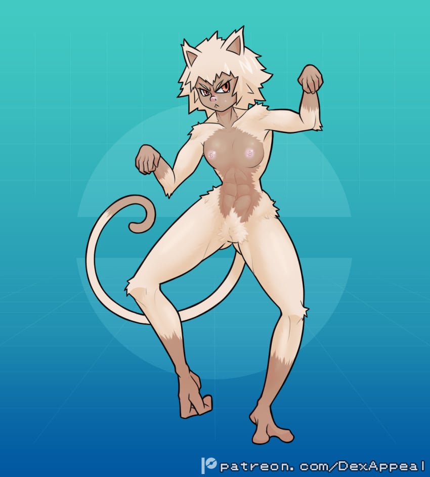 abs animal_ears athletic athletic_female dex_appeal flat_chest flat_chested full_body kemonomimi looking_at_viewer mankey monkey_tail monster_girl nintendo nipples nude nude_female pink_nipples pokemon pokemon_(species) pokemorph pubic_hair pubic_tuft scowl short_hair standing_on_one_leg tanned_female tanned_skin