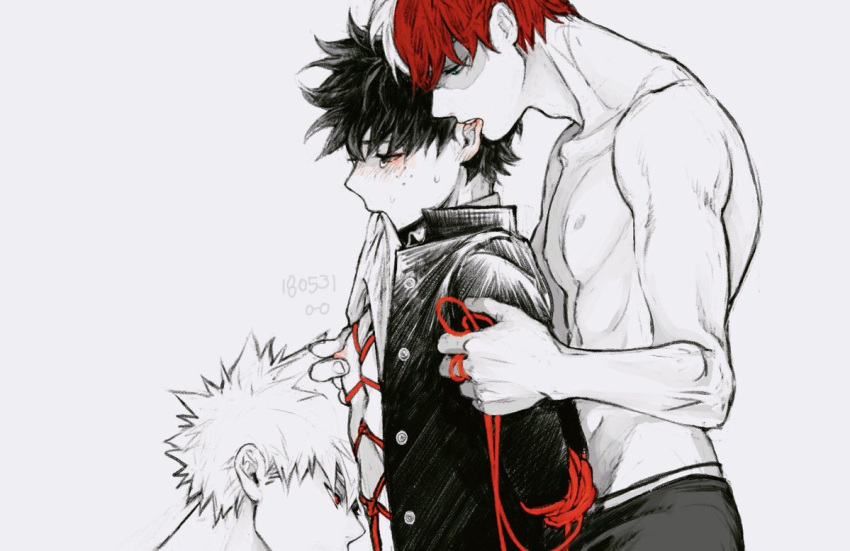 3boys bakugou_katsuki bondage ear_biting gay height_difference izuku_midoriya katsuki_bakugou male male/male male_only malesub my_hero_academia pinching_nipples red_eyes red_hair red_string rope_bondage shirtless shouto_todoroki threesome yaoi