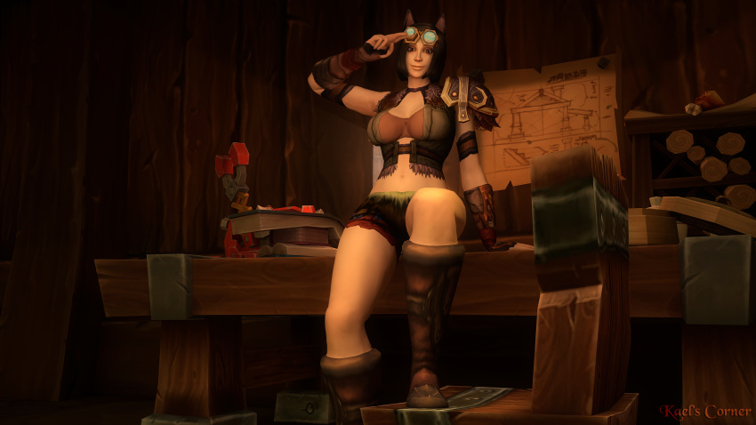 3d boots bra cat_ears clothed_female googles human human_female indoors kaelatheelf kaelscorner outfit shorts solo_female warcraft world_of_warcraft