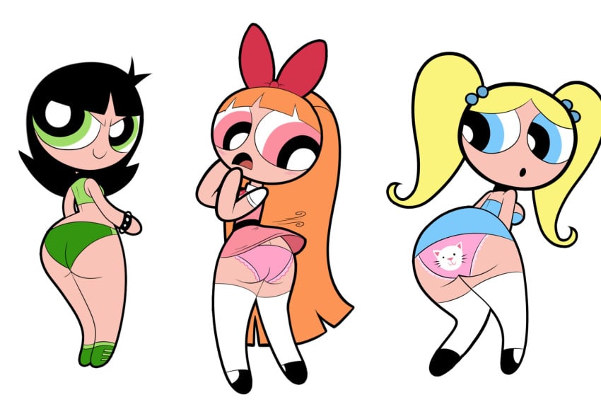 3girls aged_up ass ass_cleavage black_hair blonde_hair blossom_(powerpuff_girls) blue_eyes bubbles_(powerpuff_girls) butt_crack buttercup_(powerpuff_girls) green_eyes multiple_girls panties pantsu pink_eyes powerpuff_girls red_hair sb99 scobionicle99 wind_lift