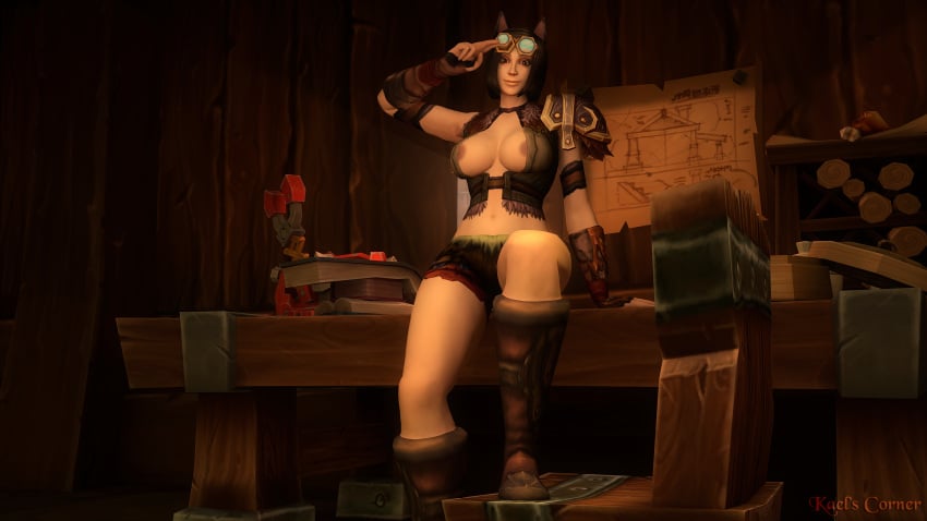 3d boots braless cat_ears clothed_female googles human human_female indoors kaelatheelf kaelscorner lewd_alt outfit partially_exposed_areolas partially_exposed_breasts shorts solo_female warcraft world_of_warcraft