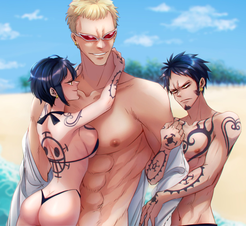 1girls 2boys abs arm_grab arm_tattoo arms_around_neck ass back_tattoo beach big_ass big_breasts bikini bisexual bisexual_male black_hair blonde_hair breast_press breasts chest_tattoo day donquixote_doflamingo dual_persona earrings facial_hair female/male/male genderswap_(mtf) goatee hand_tattoo height_difference jealous jewelry kizna large_breasts looking_at_another male male/female male/male male_swimwear multiple_boys muscular muscular_male navel nipples one_piece one_piece:_egghead_arc outdoors pectorals rule_63 sand shiku_shiku_no_mi shirt short_hair shoulder_tattoo smile string_bikini sunglasses swimsuit tattoo teeth thong_bikini topless trafalgar_law water yellow_eyes