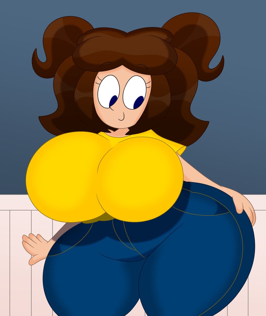 1girls 2023 3barts big_breasts big_hips blue_eyes breasts breasts_bigger_than_head brown_hair busty curvy female female_only hand_on_hip jeans jess_(3barts) original original_character solo thick_thighs thunder_thighs wide_hips yellow_shirt