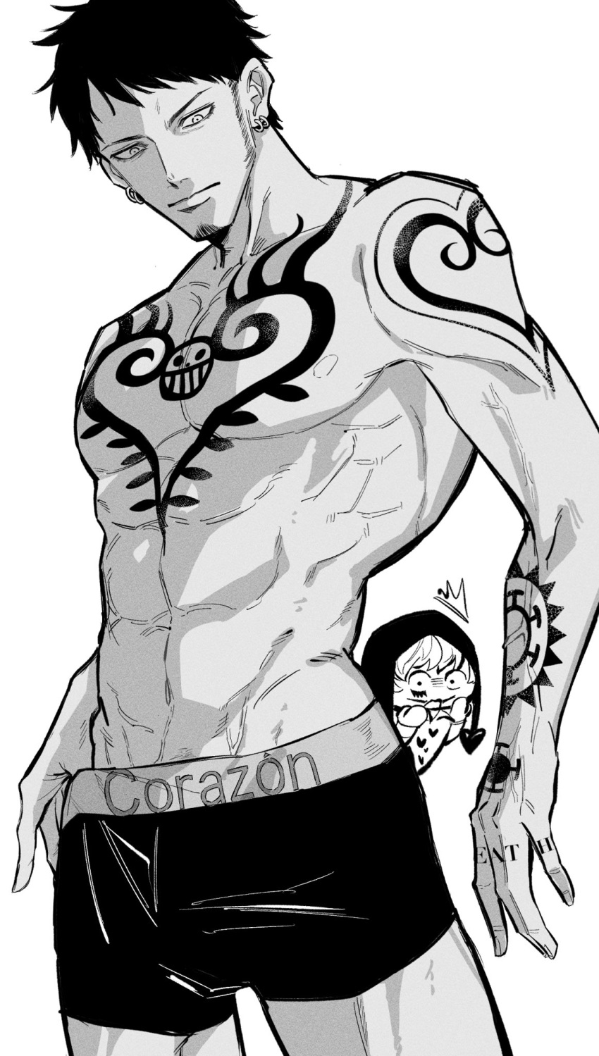 2boys chest_tattoo chibi donquixote_rosinante earrings facial_hair gay goatee km_mechi long_sideburns male male_only monochrome muscular muscular_male name_tag one_piece sideburns solo_focus tattoo tattooed_arm tattoos topless topless_male trafalgar_law underwear yaoi