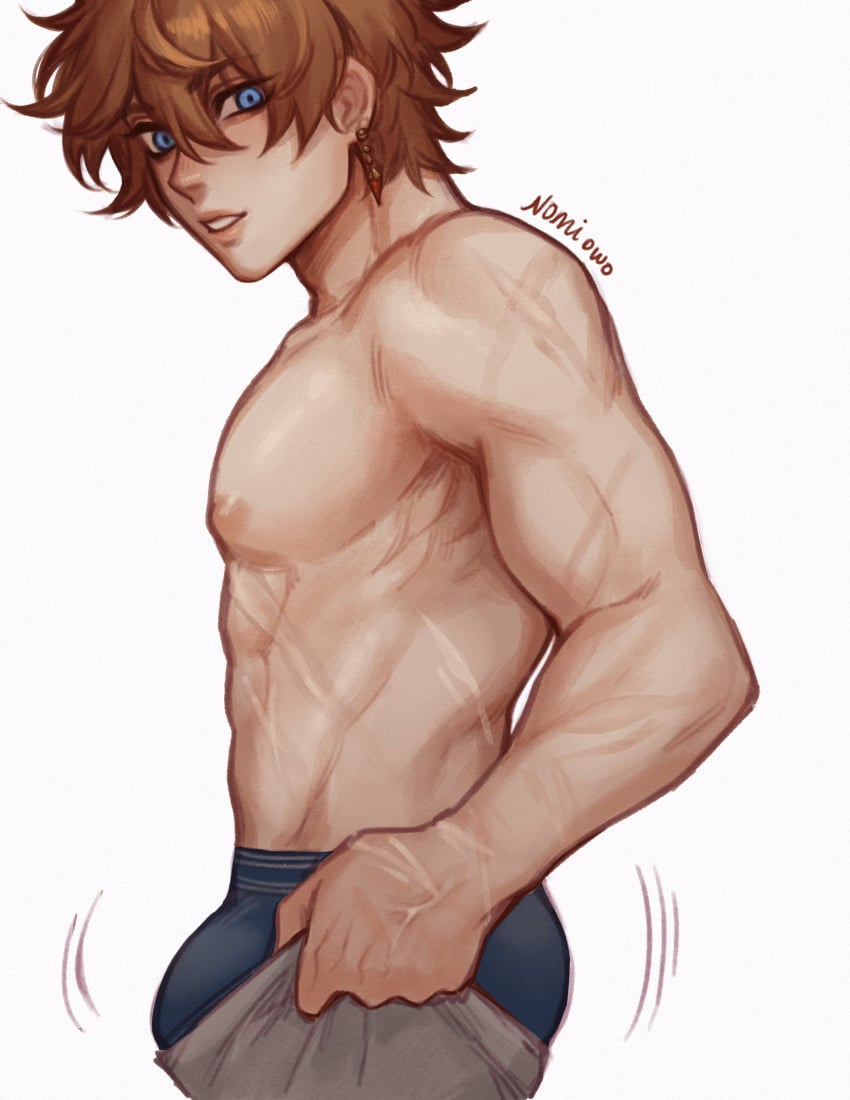 1boy blue_eyes blue_eyes_male body_scars brown_hair brown_hair_male bulge childe_(genshin_impact) clothed_male genshin_impact male male_only meme muscular muscular_male nomi_owo pants partially_clothed pulling_up_pants scars solo solo_male tartaglia_(genshin_impact) tight_pants_(meme) topless underwear