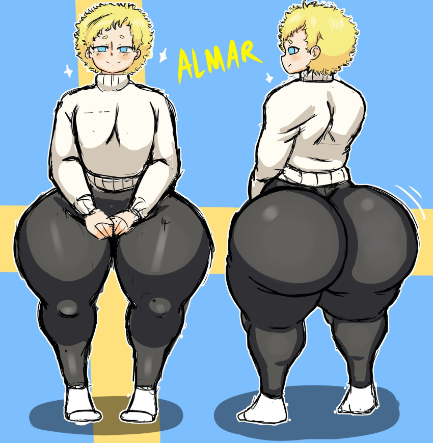 /// 1boy 1femboy 2023 almar_mjölner backside big_ass blonde_hair blue_eyes blush bottom_heavy bottom_heavy_femboy clothed fat_ass_femboy femboy femboy_only front_view gay girly huge_ass jackov light-skinned_femboy light_skin male_focus male_only original original_character smile socks sweater sweatpants swedish swedish_flag thick_legs thick_thighs trap twink white_socks