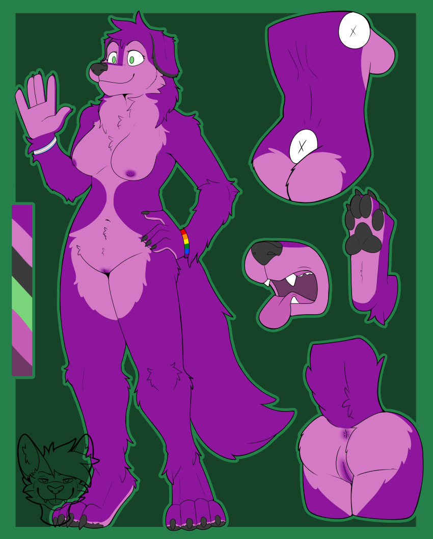 absurd_res anthro ass canid canine canis feet female fur genitals hi_res kingdraws mammal open_mouth pink_body pink_fur purple_body purple_fur pussy solo standing wolf