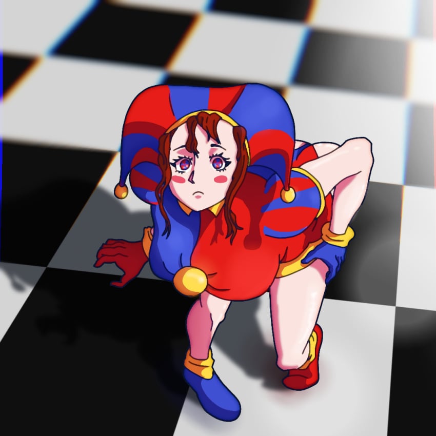 2023 2d 2d_(artwork) 2d_artwork ass big_breasts blush blush_lines blushing_at_viewer bodysuit breasts brown_hair checkered_floor clothed clothed_female confused digital_drawing_(artwork) female glitch_productions gloves gooseworx hands_on_hips high-angle_view jester jester_cap jester_costume jester_girl jester_hat jester_outfit looking_at_viewer pomni pomni_(the_amazing_digital_circus) short_hair slamasnack_ slmsnac tagme the_amazing_digital_circus thick_thighs thighs tight_clothing white_body worried