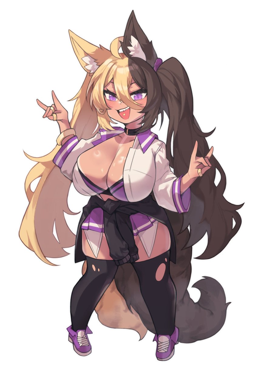 1girls aife_(zanamaoria) artist_request big_breasts black_thighhighs blonde_hair brown_hair female female_only fox_ears fox_girl full_body gift_art gyaru long_hair looking_at_viewer open_mouth purple_eyes school_uniform sharp_teeth shortstack smiling smiling_at_viewer solo tail tan_skin tanline thighhighs tongue_piercing twintails two_tone_hair very_high_resolution white_background