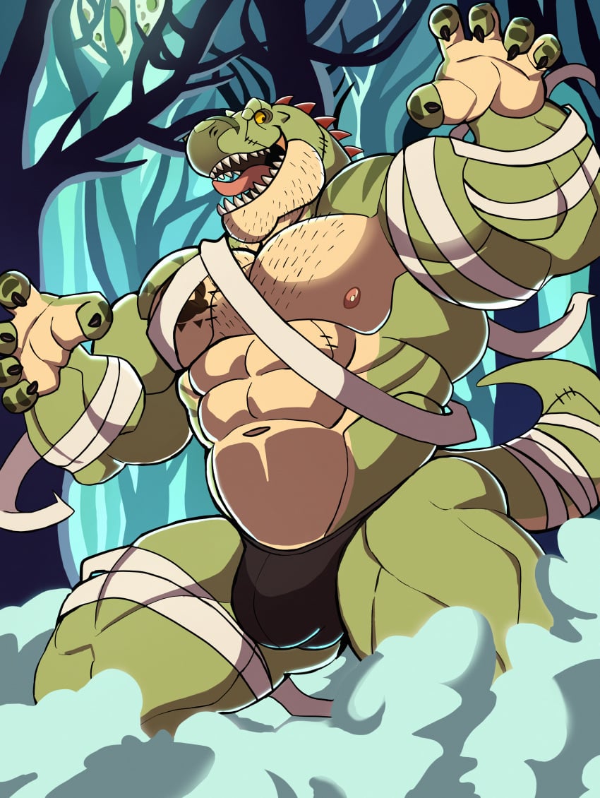 1boy 2023 anthro barazoku bulge claws costume darknaigart dinosaur flaccid gay green_body halloween halloween_costume hi_res highres holidays jace_(darknaig) male male_focus male_nipples male_only manly muscular_anthro nipples reptile solo solo_male speedo tyrannosaurid tyrannosaurus tyrannosaurus_rex underwear